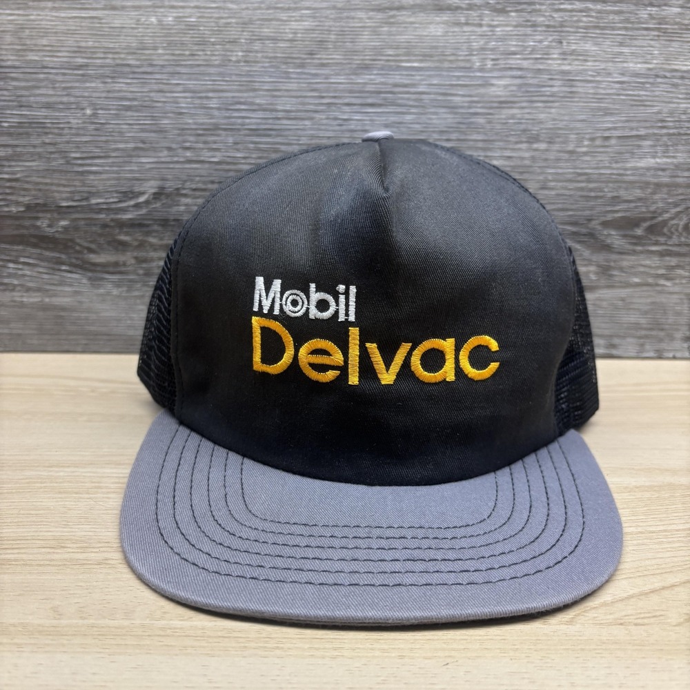Vintage Mobil Delvac Hat Cap Snap Back Mens One Size Black Mesh Trucker 80s